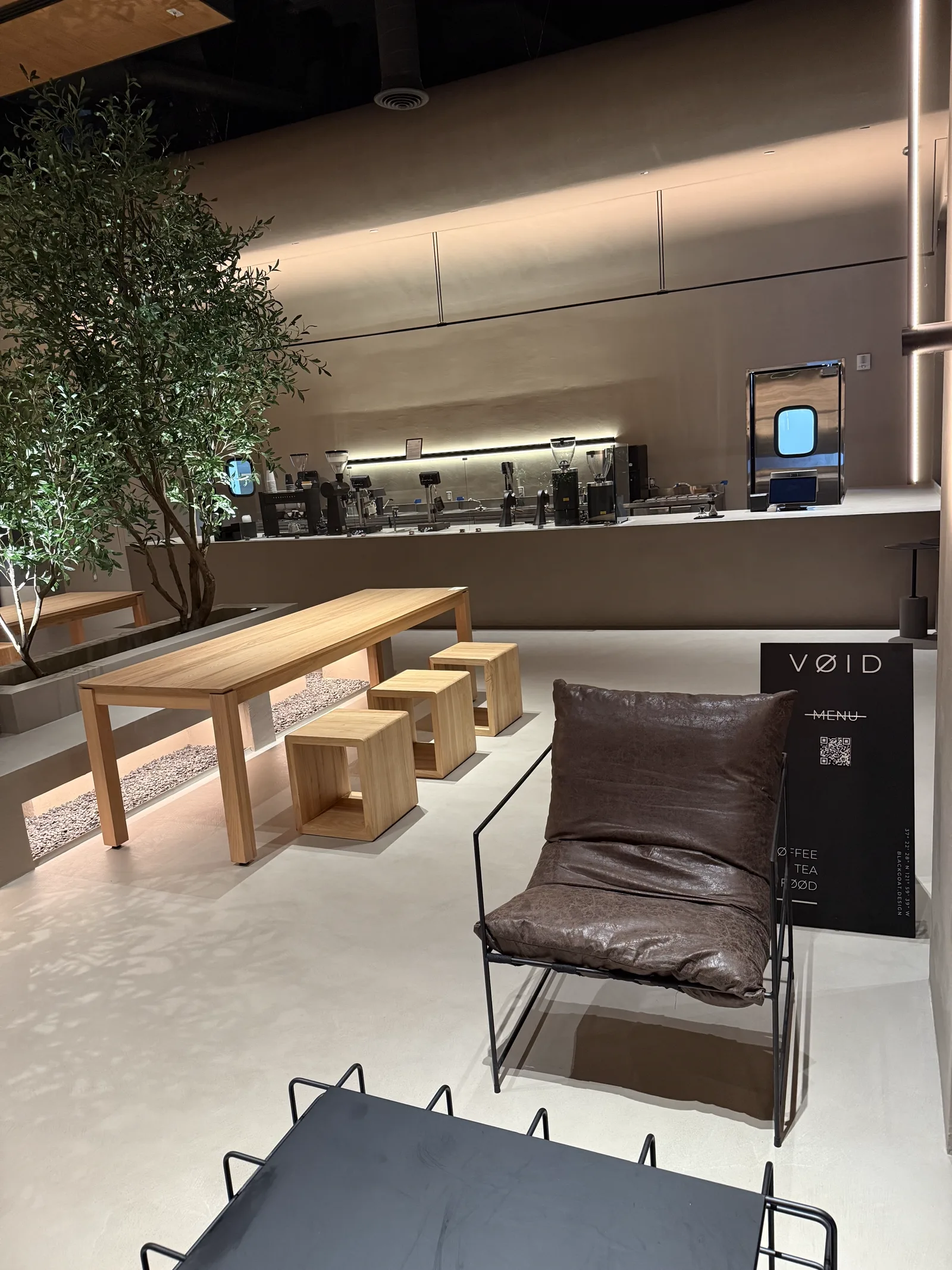 Warm evening light across the seating area