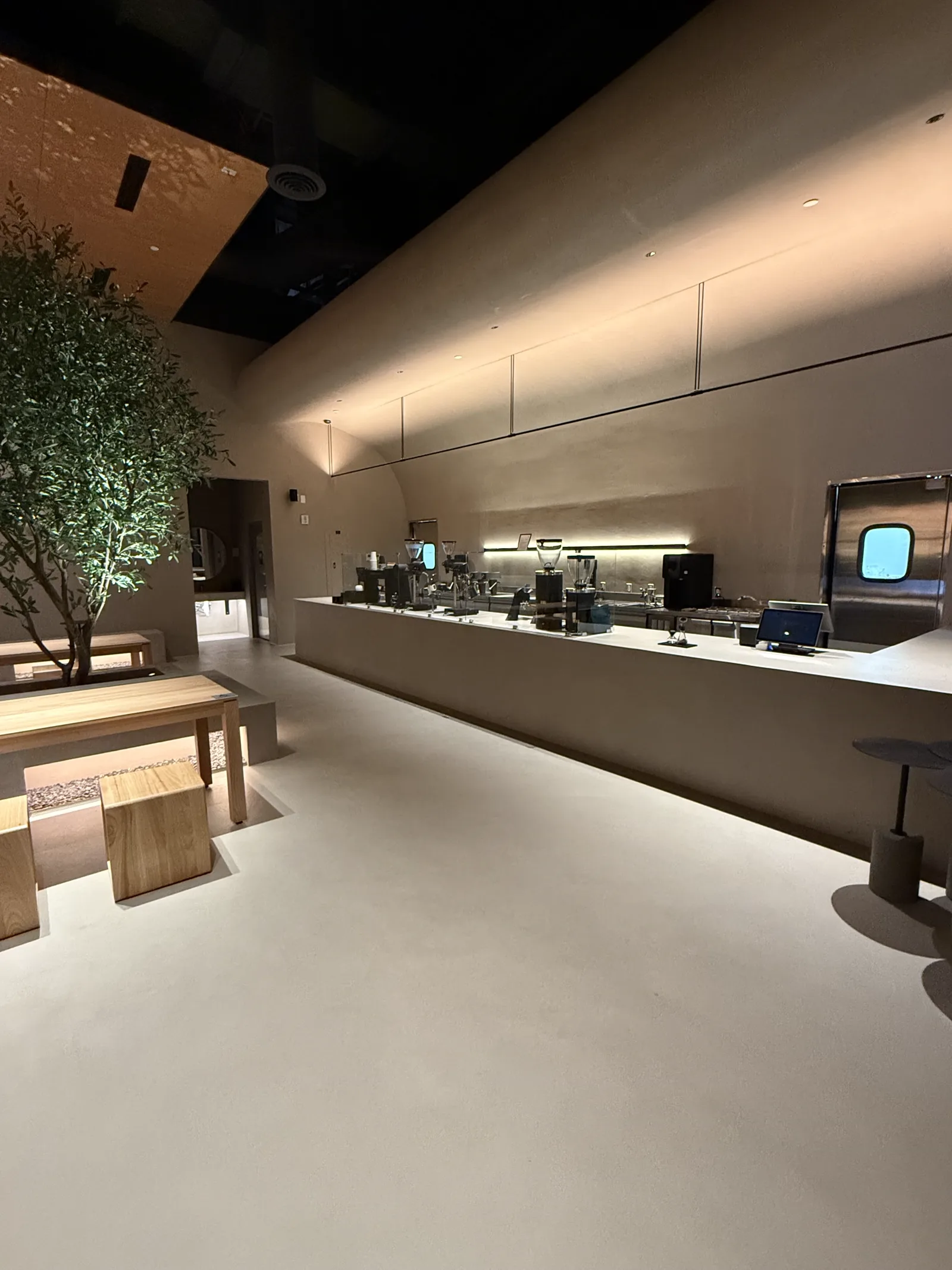 The long concrete counter stretching toward the bar